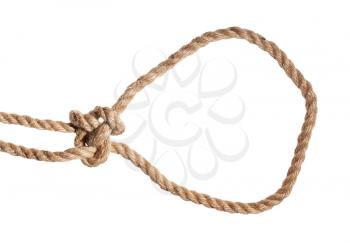 another side of Running bowline knot tied on thick jute rope isolated on white background