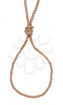 slip noose with gallows knot tied on thick jute rope isolated on white background