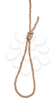 another side of slip noose with gallows knot tied on thick jute rope isolated on white background