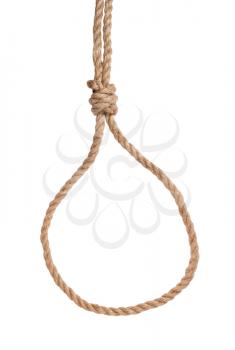 slip noose with scaffold knot tied on thick jute rope isolated on white background