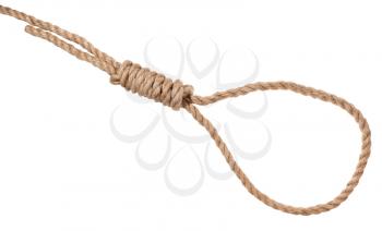 hangman's knot tied on thick jute rope isolated on white background