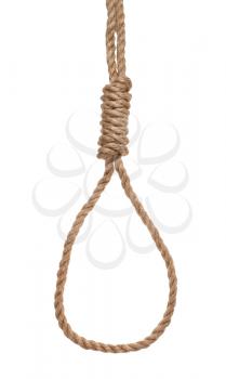 another side of hangman's knot tied on thick jute rope isolated on white background