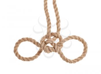 another side of Handcuff knot tied on thick jute rope isolated on white background
