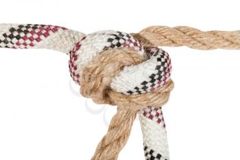 Offset overhand bend joining two ropes close up isolated on white background