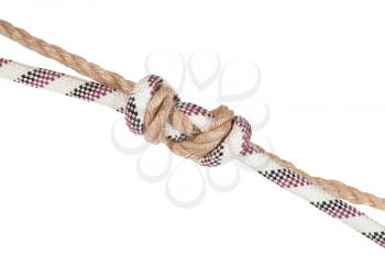 another side of Ring Knot (Water Knot) joining two ropes isolated on white background