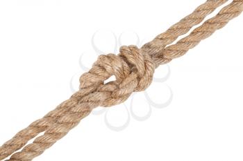 another side of surgeon's knot joining two ropes isolated on white background