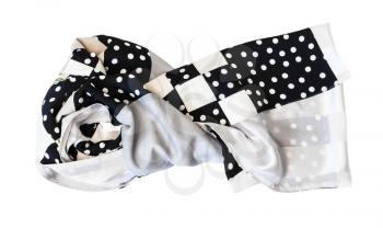 knotted patchwork silk scarf sewn from polka dots fabric isolated on white background
