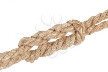 academic knot, variation of surgeon's knot, double reef knot joining two ropes close up isolated on white background