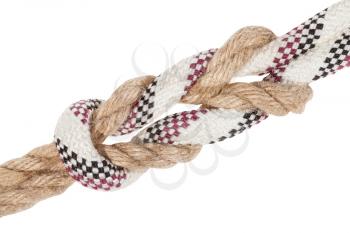 academic surgeon's knot, double reef knot joining two ropes close up isolated on white background