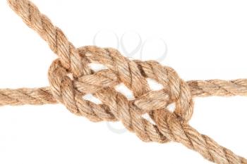 carrick bend knot joining two ropes close up isolated on white background
