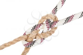 sailor's breastplate knot joining two ropes close up isolated on white background