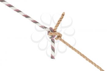 another side of rigger's bend knot joining two ropes isolated on white background