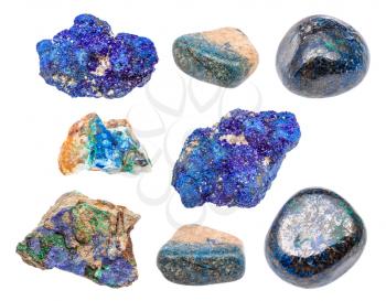 various Azurite (chessylite) gemstones isolated on white background