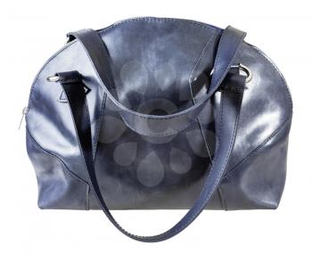 side view of handmade dark blue leather handbag isolated on white background