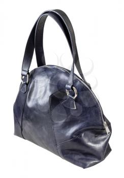closed handmade dark blue leather handbag isolated on white background