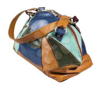 handmade patchwork leather multicolored handbag isolated on white background
