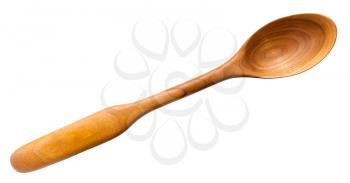 top view of hand carved wooden spoon from cherry tree isolated on white background