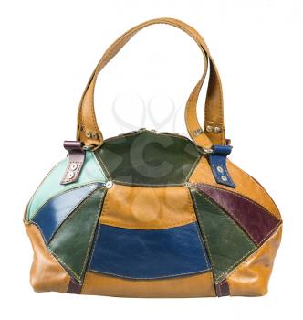 side view of handmade patchwork leather multicolored handbag isolated on white background