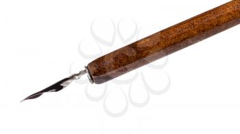 side view of nib filled by black ink in brown dip pen close up isolated on white background