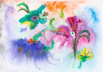abstract colorful flowers on meadow handpainted by watercolors on white paper