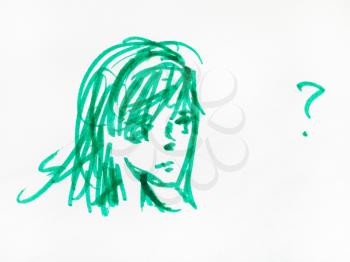 sketch of thoughtful girl head hand-drawn by green felt pen on white paper