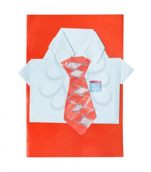 hand made Father's Day greeting card with paper collage of men's shirt tie on red cover