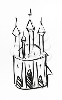 sketch of fancy castle with towers hand-drawn by black ink on white paper