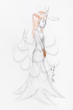 sketch of fairytale princess with animals hand-drawn by black pencil on white paper