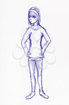 sketch of teen girl in sportswear hand-drawn by blue ink on white paper