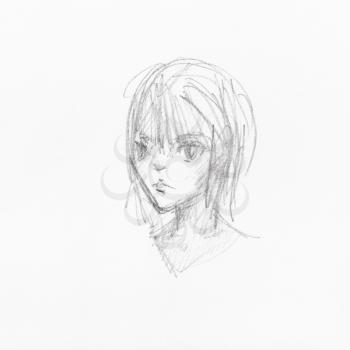 sketch of head of girl with disheveled hair hand-drawn by black pencil on white paper