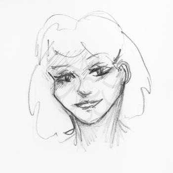 sketch of happy young woman hand-drawn by black pencil on white paper