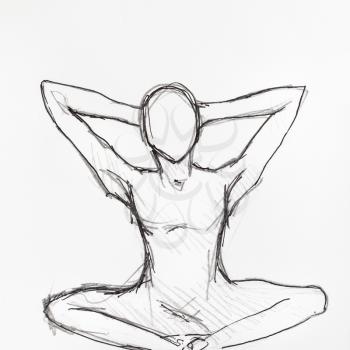 sketch of human figure in the lotus position with the hands on the nape hand-drawn by black pencil and ink on white paper