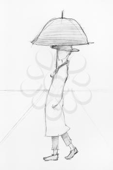 sketch of man under umbrella with perspective convergence lines hand-drawn by black pencil on white paper