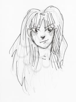 portrait of skeptical young woman with long hair hand-drawn by black pencil and ink on white paper