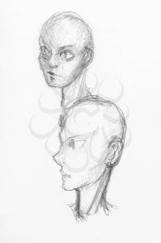 sketches of bald heads of skinny teenagers with hand-drawn by black pencil on white paper