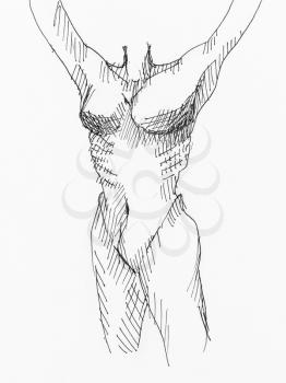 sketch of female torso with raised hands hand-drawn by black ink on white paper