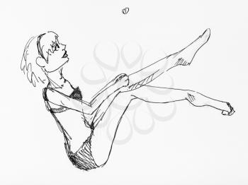 sketch of jumping woman in swimsuit hand-drawn by black ink on white paper