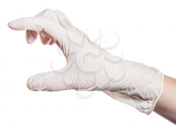 female hand in latex glove shows big size isolated on white background