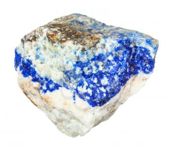 macro shooting of natural mineral - raw Lazurite (Lapis Lazuli) gemstone isolated on white backgroung from Ural Mountains