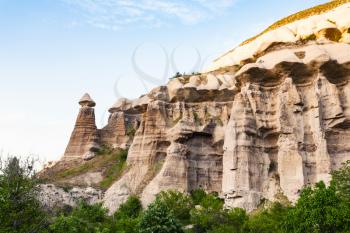 Travel to Turkey - view of old rocks near Goreme town in Cappadocia in spring evening