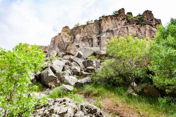 Travel to Turkey - old volcanic stones in gorge of Ihlara Valley in Aksaray Province in Cappadocia in spring