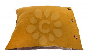 back side of handmade dark yellow (mustard color) decorative pillow isolated on white background