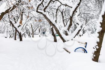 footpath in snow-covered public urban garden in Moscow city in winter snowfall