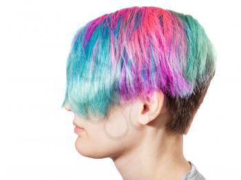 female head with multi colored dyed hairs on white background