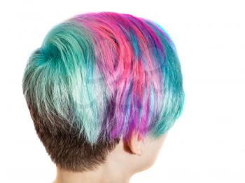 female nape with multi colored dyed hairs on white background