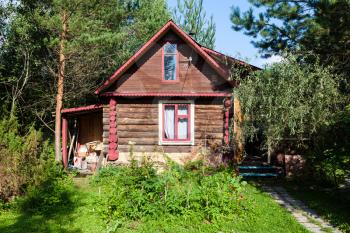 wooden country house in green garden on sunny summer day in Tver region of Russia
