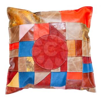 handmade colorful patchwork leather pillow isolated on white background