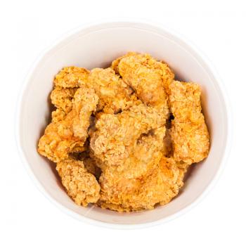top view of crispy batter deep-fried chicken wings in paper bucket isolated on white background