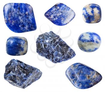 collection of various blue Sodalite gemstones isolated on white background