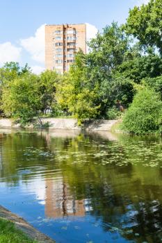Zhabenka river near Large Garden (Big Academic) Pond in Timiryazevskiy park of Moscow city on summer day